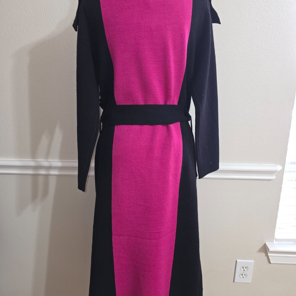 Vertigo Paris Magenta & Black Belted Long Coat Size L – Colorblock Elegant Coat - Picture 5 of 6